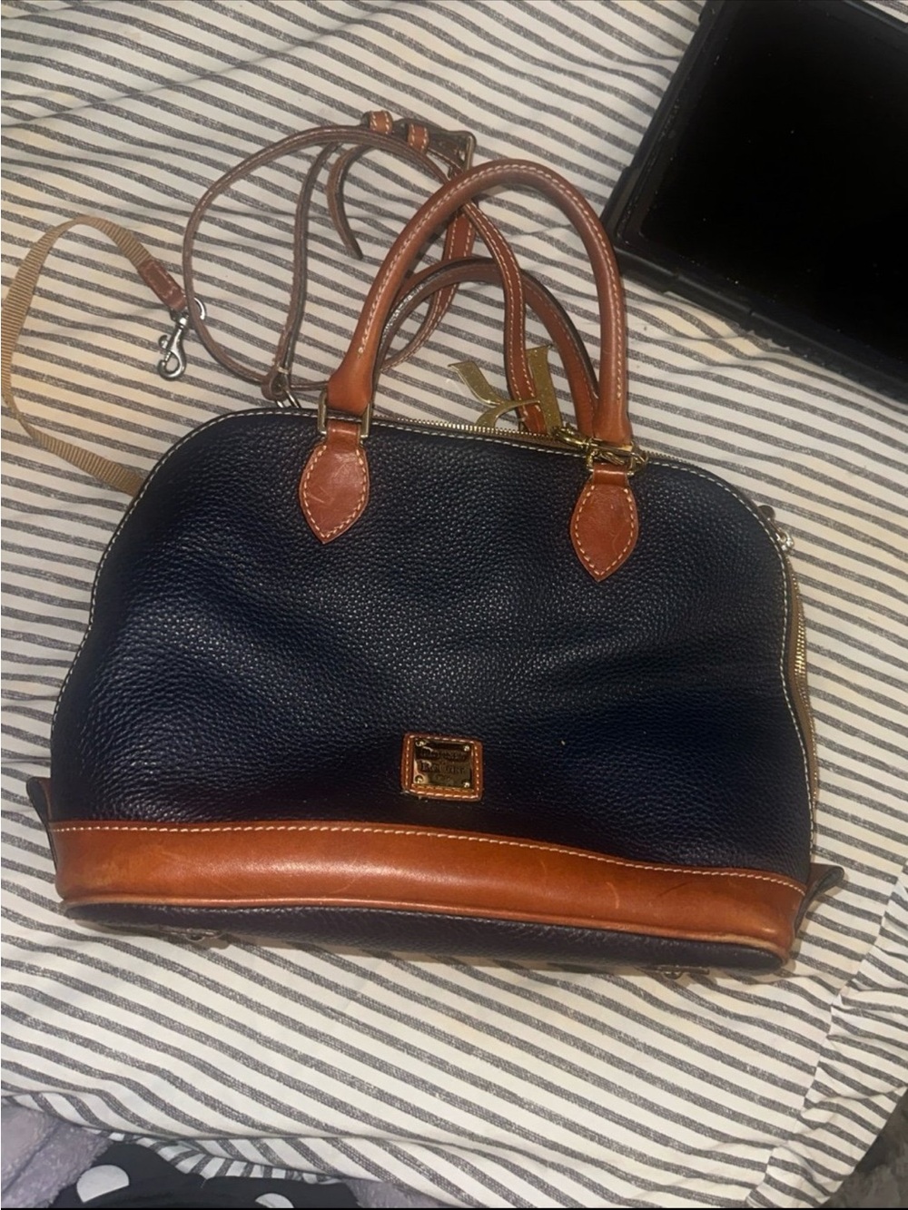 Dooney & Bourke Black Pebbled Leather Satchel with Brown Trim